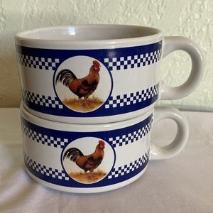 Rooster 2 soup mugs  Dark blue checkered vintage Farmhouse